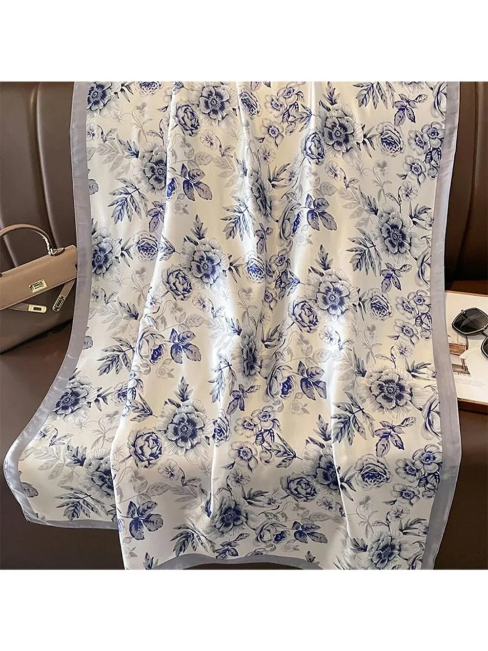 Women's Blue Lightweight Silk Like Scarves Flower Print Head Cotton Wrap Scarf
